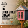 DIY Little Street Library construction plans with a navy and pink outdoor library box on a wooden post.