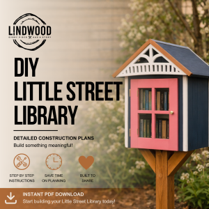 DIY Little Street Library construction plans with a navy and pink outdoor library box on a wooden post.