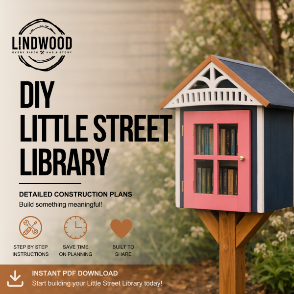 DIY Little Street Library construction plans with a navy and pink outdoor library box on a wooden post.