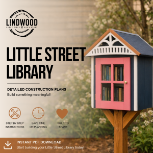 DIY Little Street Library construction plans with a navy and pink outdoor library box on a wooden post.