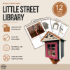 DIY Little Street Library guide showing the 12‑page PDF with cut list, materials, and step‑by‑step instructions