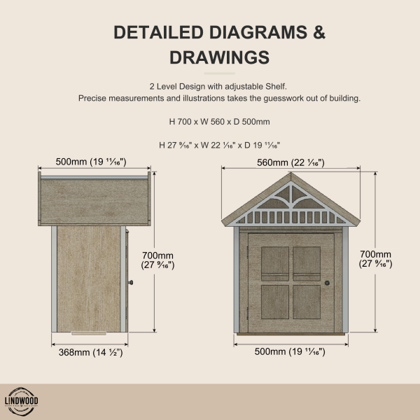Detailed Little Street Library construction diagrams showing measurements, two‑level design, and adjustable shelf.
