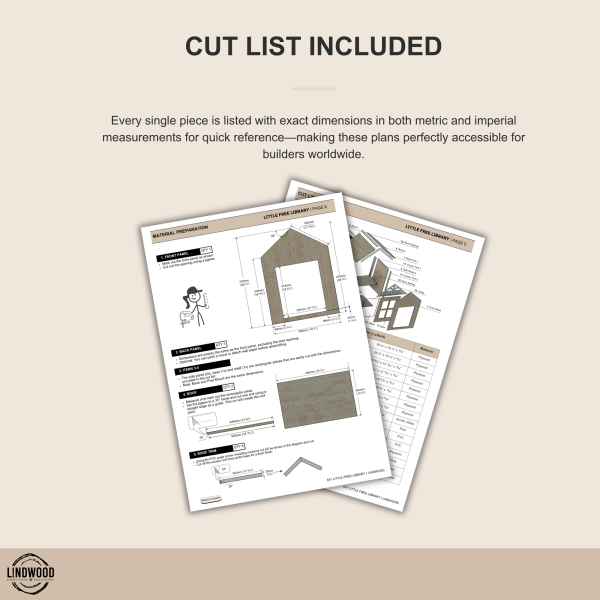 Little Street Library cut list pages showing material preparation, measurements, and step‑by‑step cutting diagrams