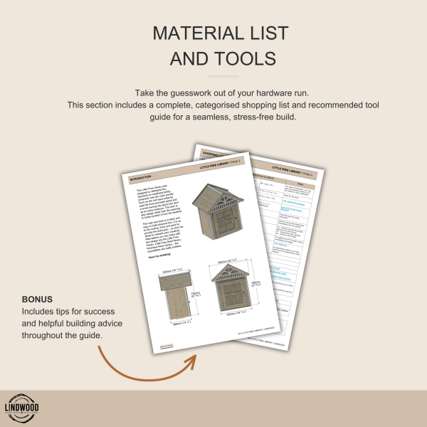 Little Street Library material list and tools pages showing full shopping list, tool guide, and 3D build diagrams