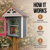 How it works graphic showing the steps to purchase, download, and build the Little Street Library, with a photo of the finished library box