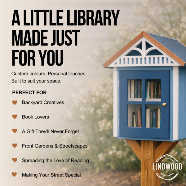 Little Street Library with custom colours and personal touches, shown outdoors with books inside and text highlighting who it’s perfect for