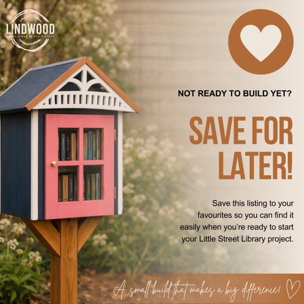 Little Street Library with navy exterior and pink door, shown outdoors with text encouraging customers to save the listing for later