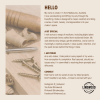 Introduction card for Linda from Melbourne, showing woodworking tools and text about her creative work and values.
