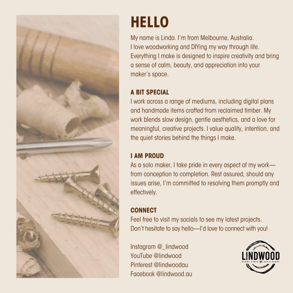 Introduction card for Linda from Melbourne, showing woodworking tools and text about her creative work and values.