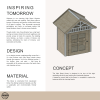 Lindwood custom little street library infographic showing design philosophy, materials, and concept with 3D library illustration and weatherproofing details