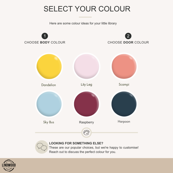 Custom little street library colour options including Dandelion, Lily Leg, Scampi, Sky Bus, Raspberry, and Harpoon