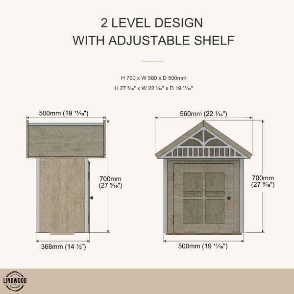 Custom little street library 2-level design specifications showing dimensions in metric and imperial measurements